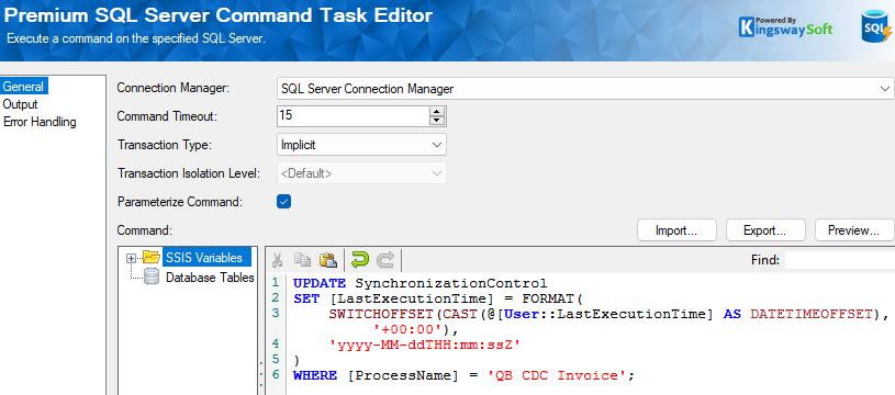 SQL Server Command task Write Last Sync Time